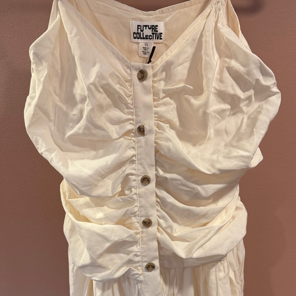 Spaghetti-Strap Cream Maxi Dress with Button-Front and Ruched Bodice - Picture 8 of 10